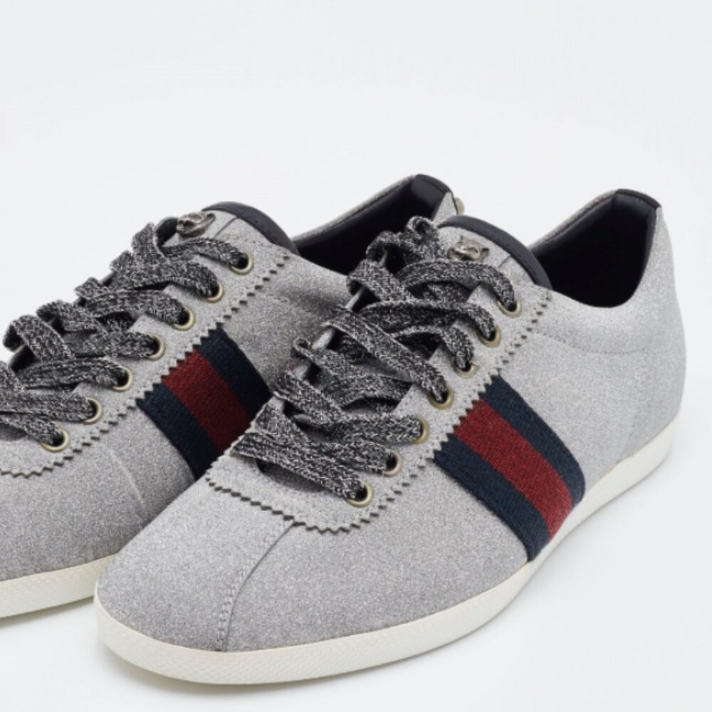 Gucci Silver Glitter Bambi Web Detail Studded Low Top Sneakers MEN'S